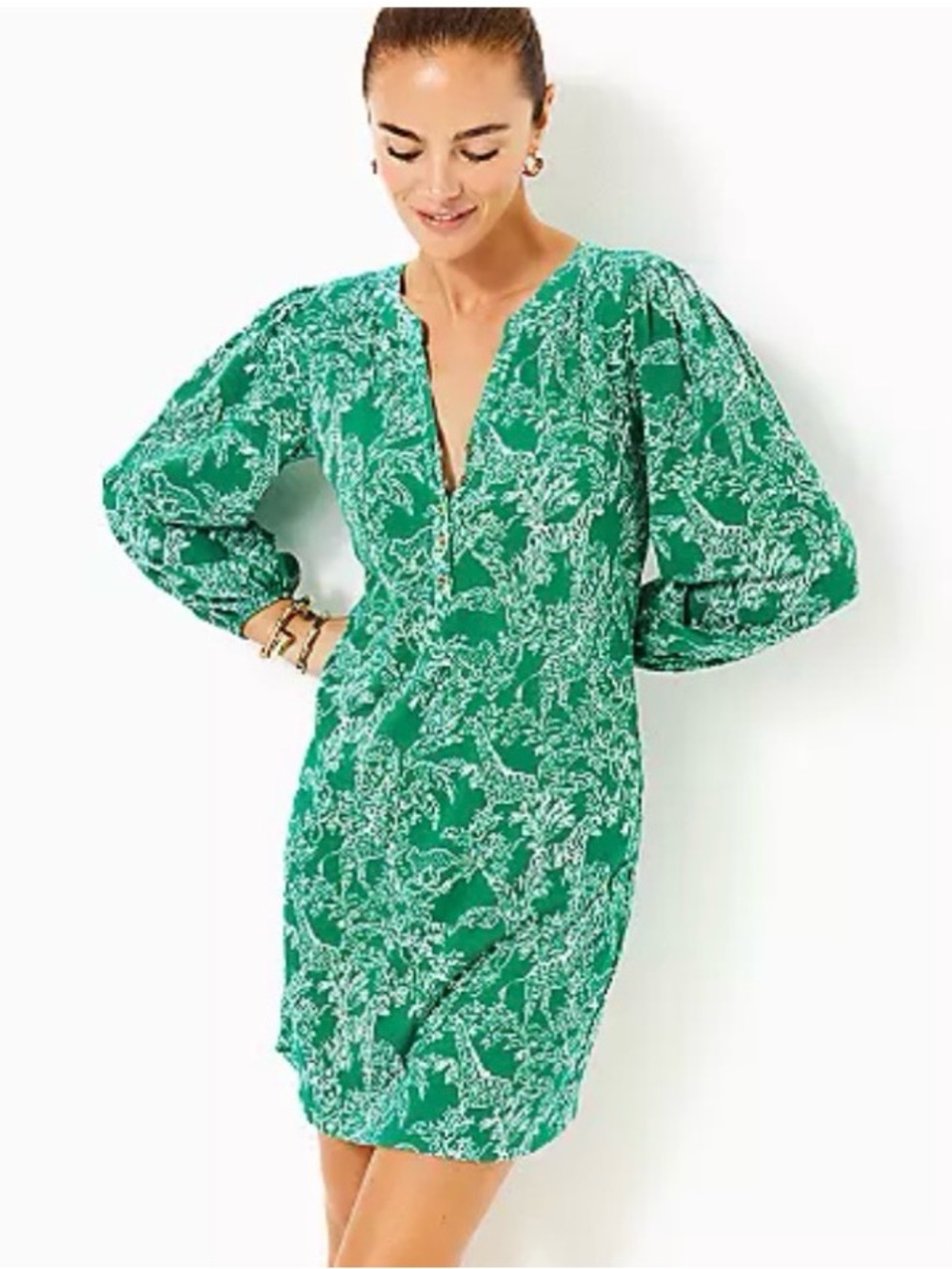 Lilly Pulitzer Emory Dress Fiddle Leaf Green Safari Size L EUC
